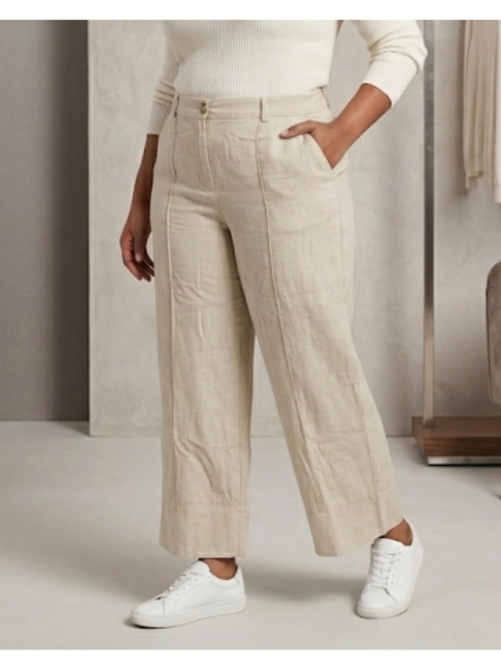 Ladies Cream Pleated Linen Pants